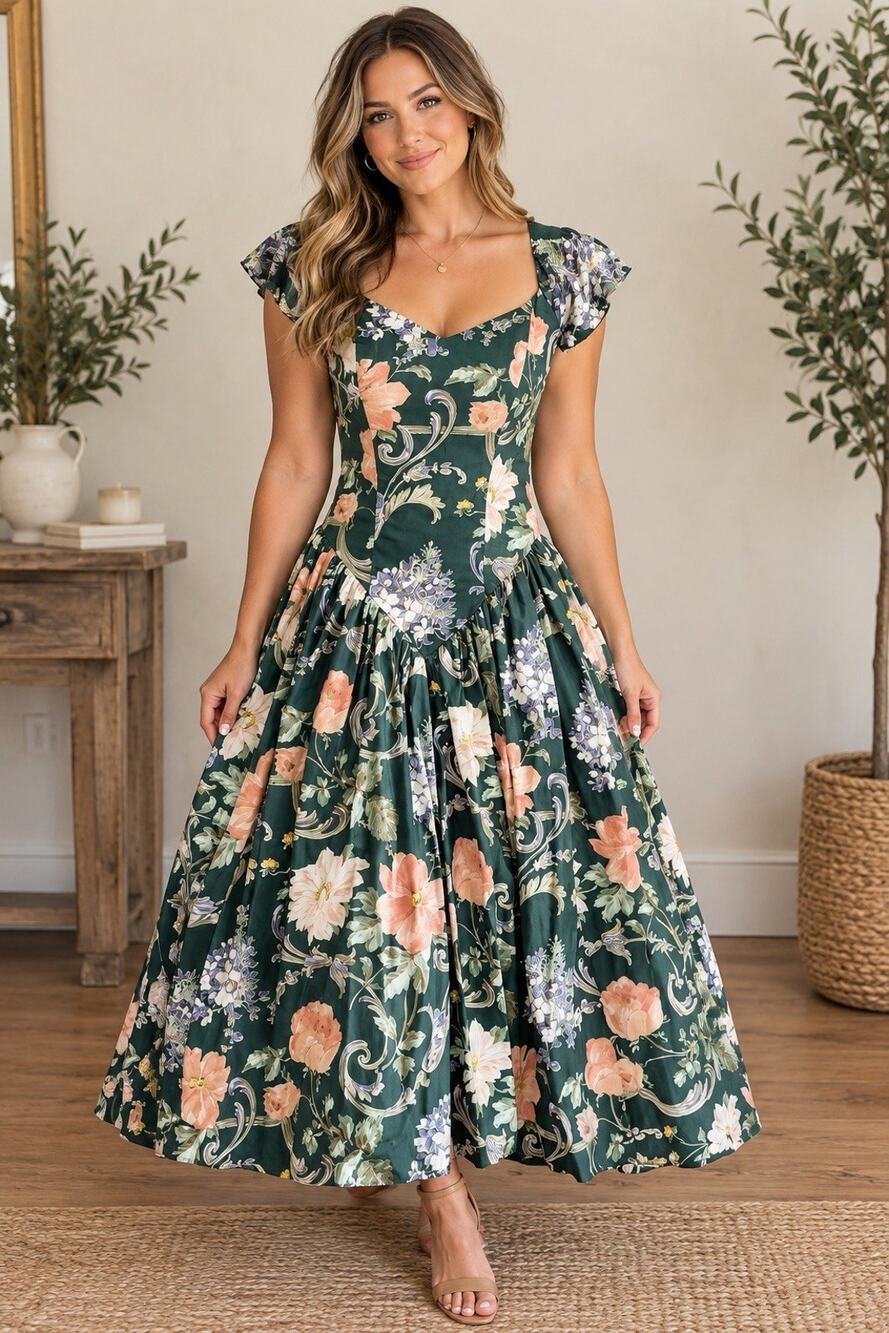 vintage 1980s Loralie V Bodice Floral Gown Dress Sweetheart Neckline Tulle Lined